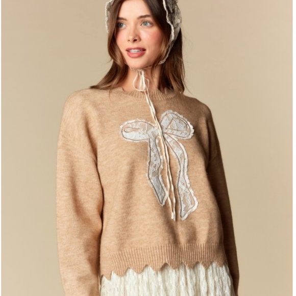 "The Rosina" Beige and Cream Lace Accent Sweater - Picture 1 of 3